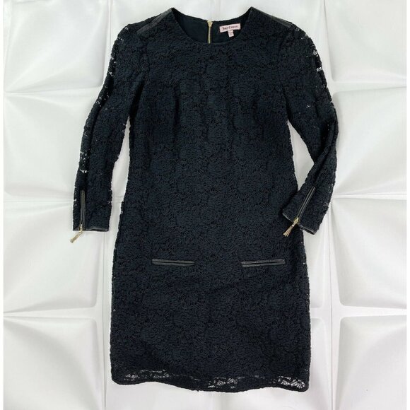 $298 Juicy Couture Sz XS Black Lace Mini Dress Faux Leather Trim Shift Sheath - Picture 2 of 12